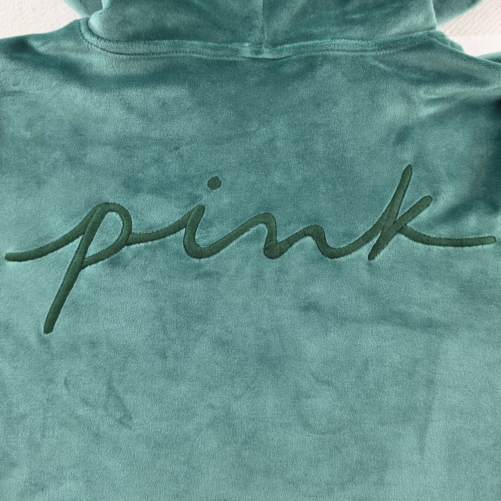 PINK Victoria's Secret Velour Hoodie Women Large Green Excellent Full Zip Logo